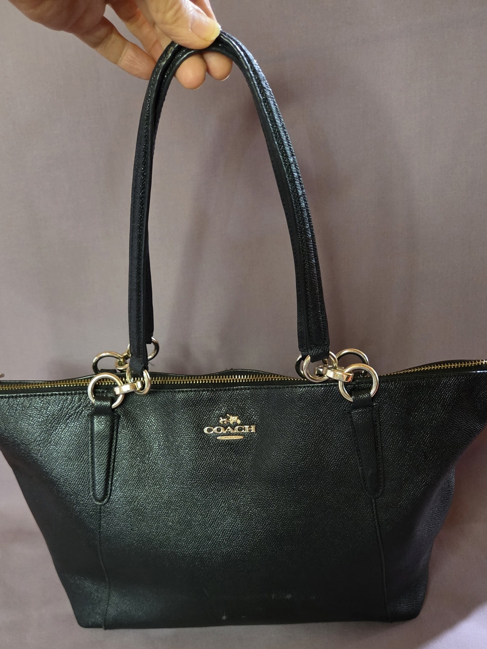 Coach Black Leather Tote with Gold Accents